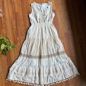 Dress Naoo Boho Ivory with Gold Accents Smocked Waist Maxi Dress Sz. S